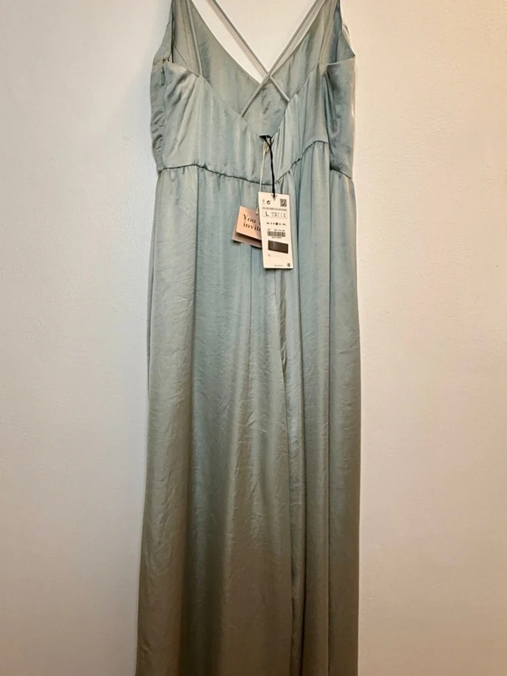 NWT Zara Pale Mint Satin V-Neck Spaghetti Strap Maxi Dress - Picture 4 of 6